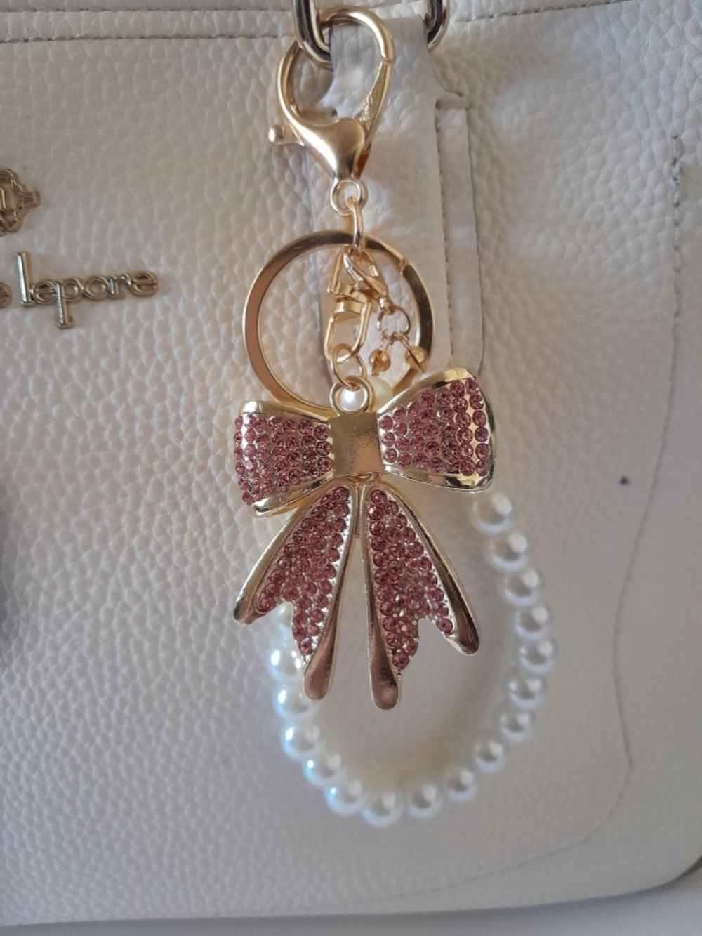 Pearl Bead Bow Keyring Bracelet - Gold Bow with  pink Rhinestones